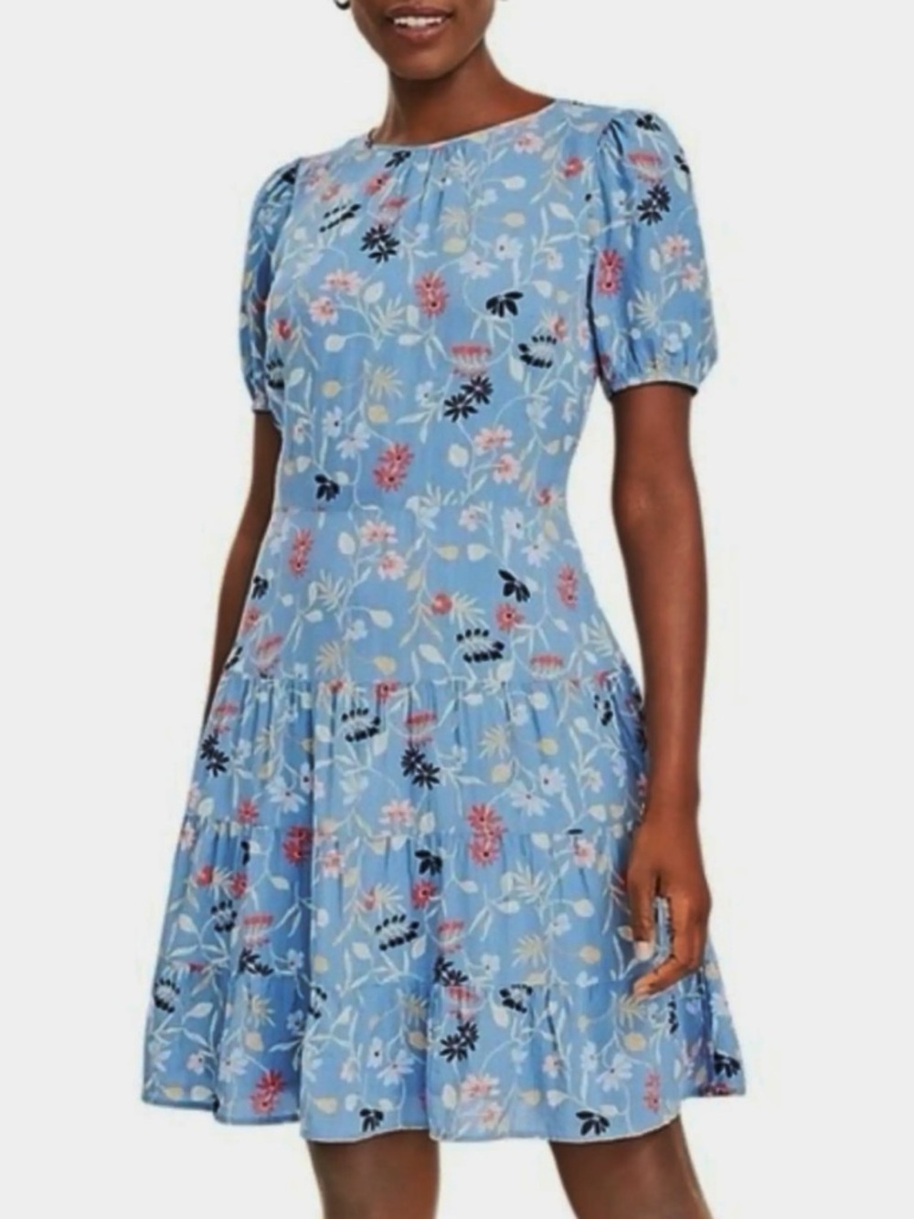 LOFT Blue Floral Dress Tiered Puff-Sleeve Mini Vintage Retro Style Garden Party